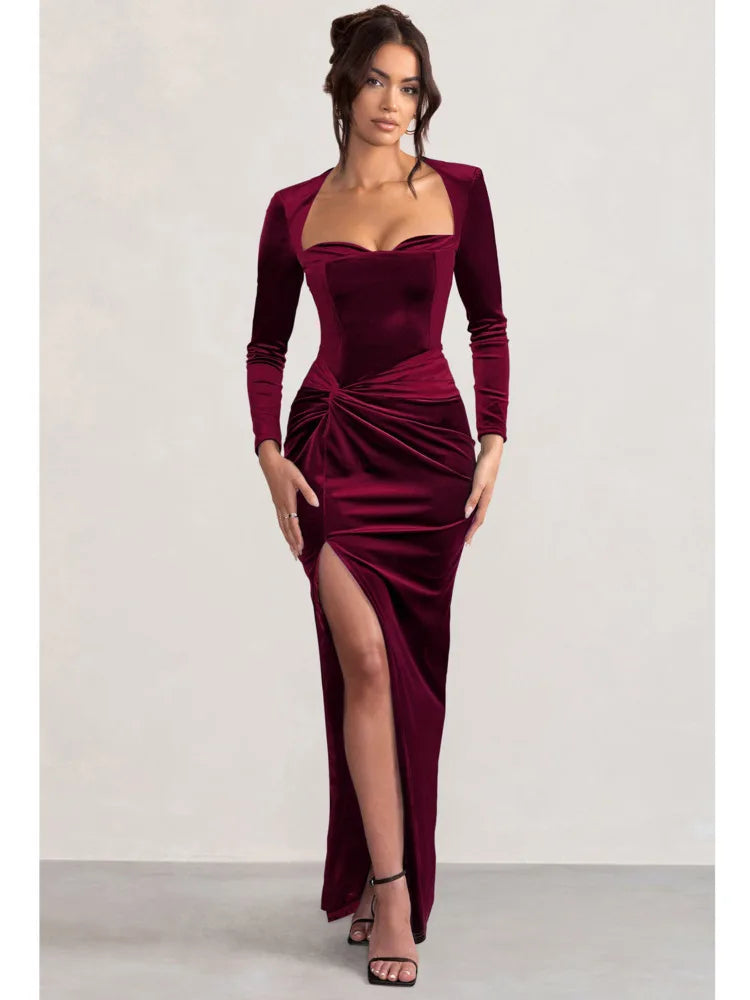 Drape Velvet Sweetheart Ruched Midi Dress