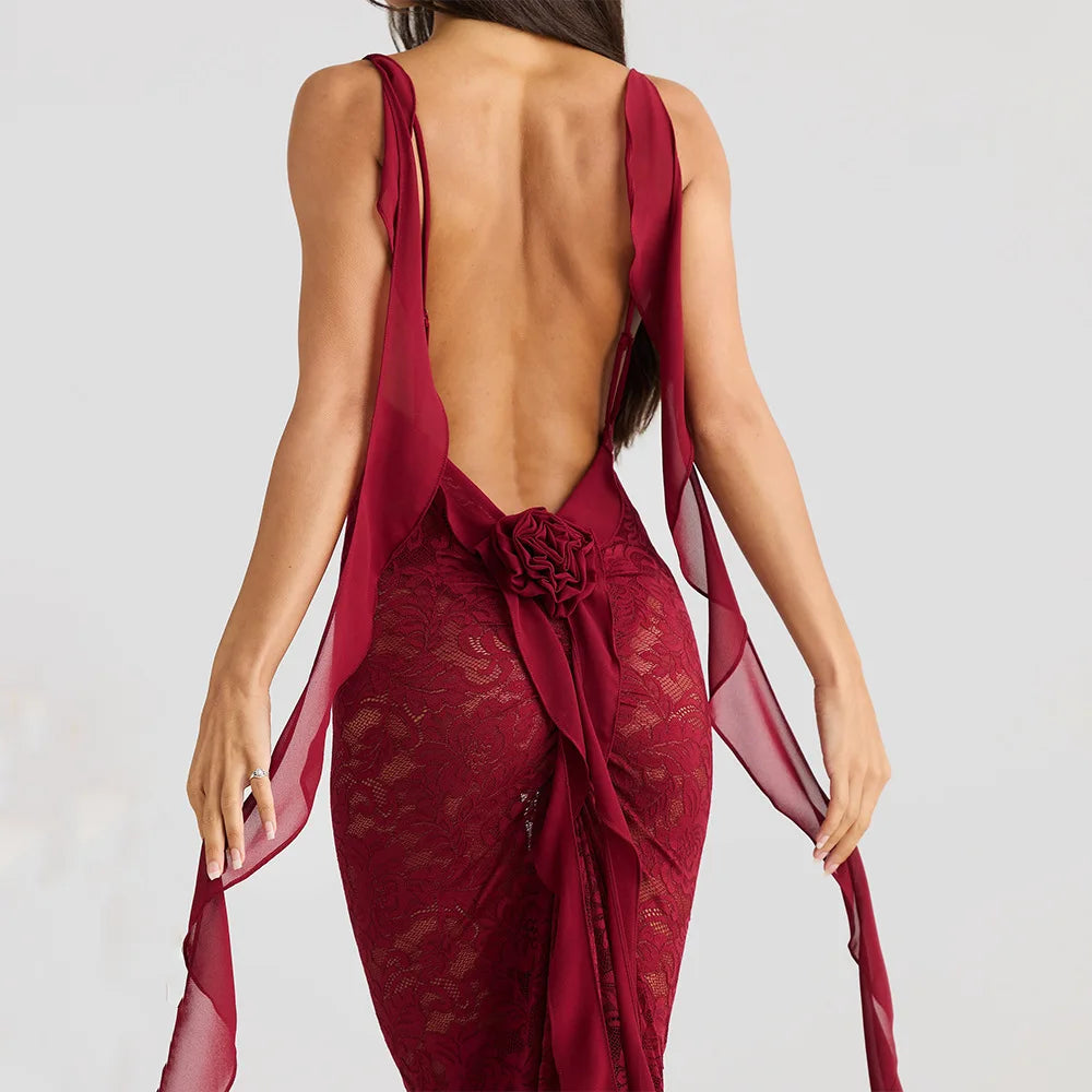 Rosette Backless Lace Mermaid Gown with Chiffon Streamers