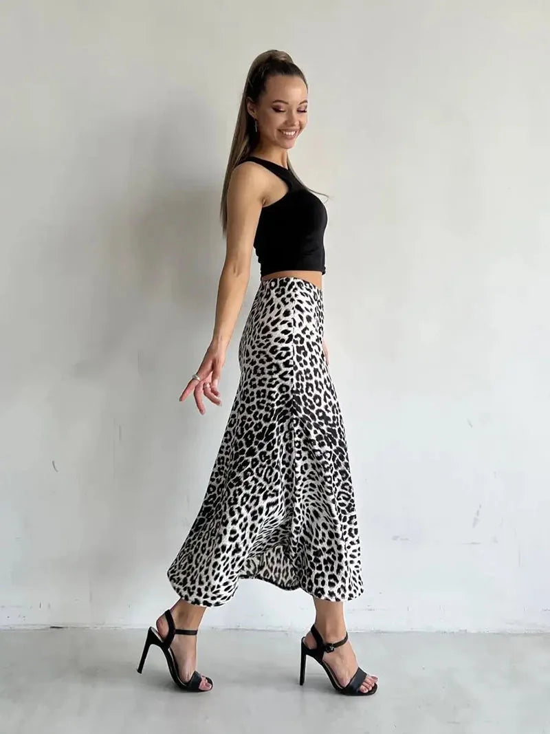 Harper Satin Leopard Midi Skirt