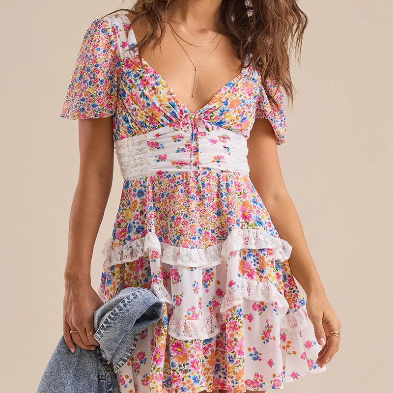Cassidy Ruffle Patchwork Mini Dress