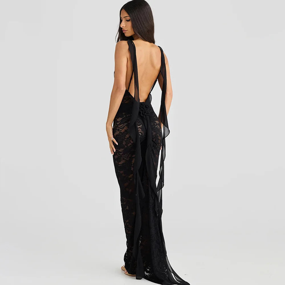 Rosette Backless Lace Mermaid Gown with Chiffon Streamers