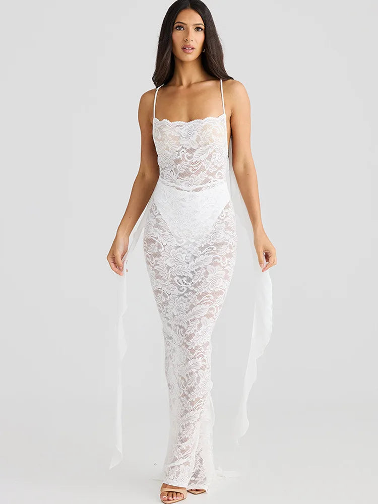 Rosette Backless Lace Mermaid Gown with Chiffon Streamers