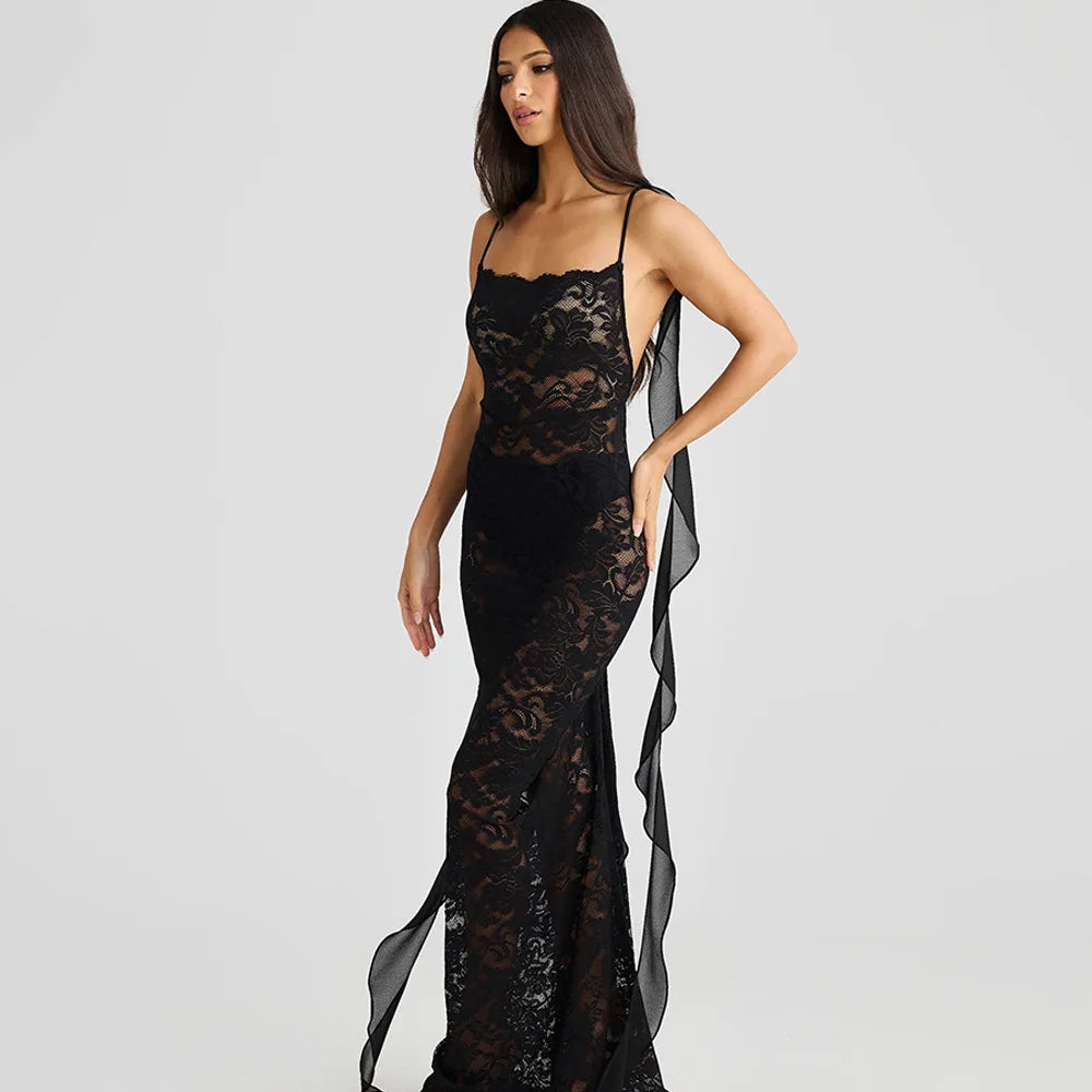 Rosette Backless Lace Mermaid Gown with Chiffon Streamers