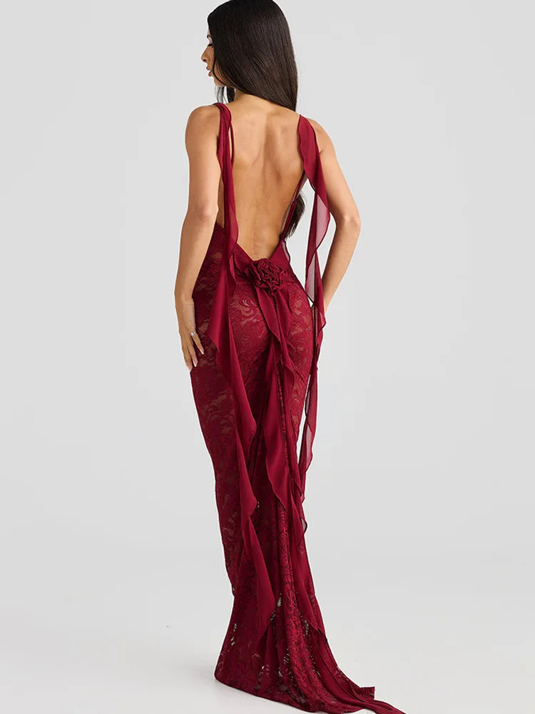 Rosette Backless Lace Mermaid Gown with Chiffon Streamers