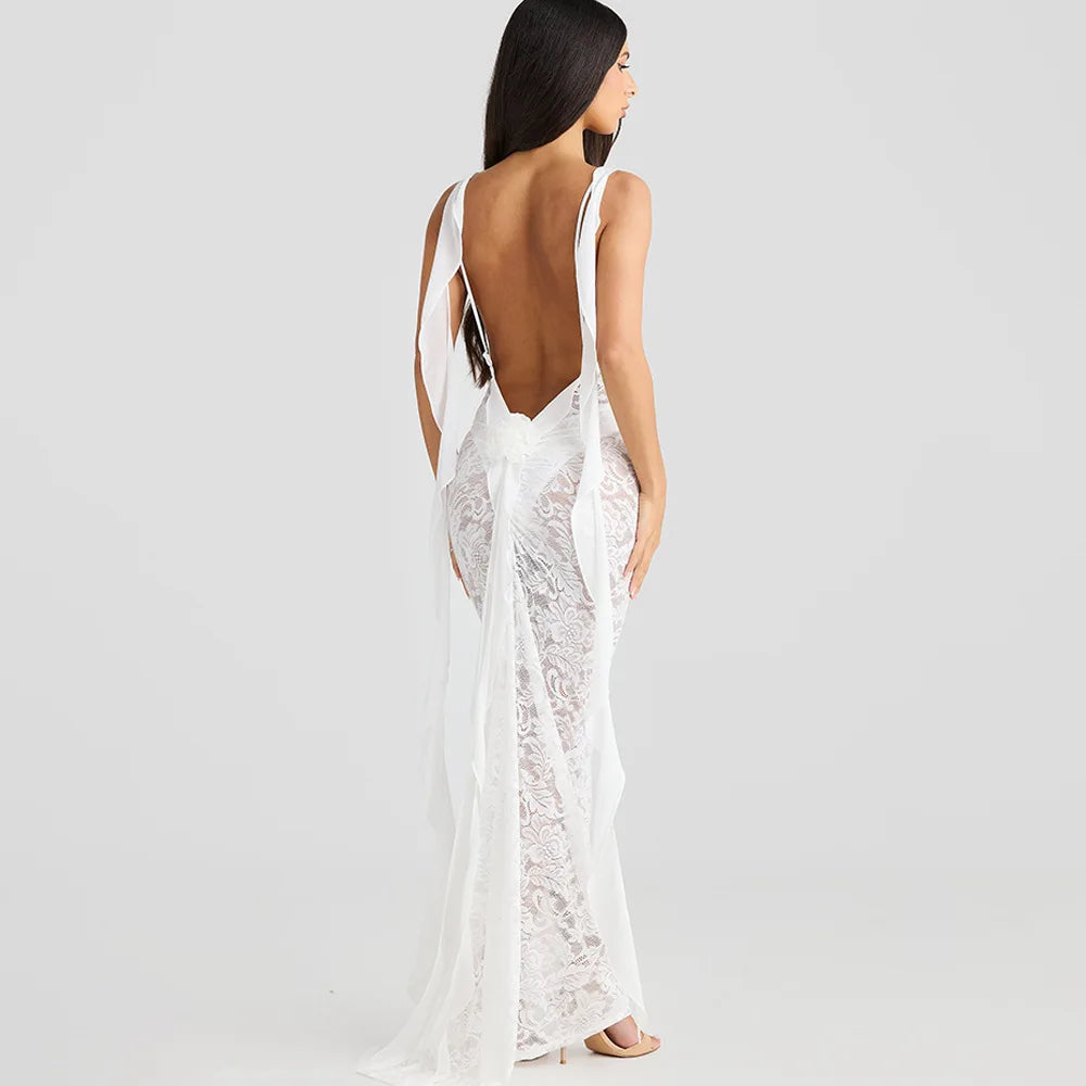 Rosette Backless Lace Mermaid Gown with Chiffon Streamers