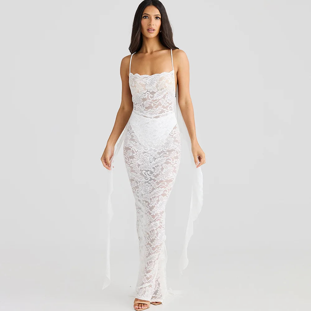 Rosette Backless Lace Mermaid Gown with Chiffon Streamers