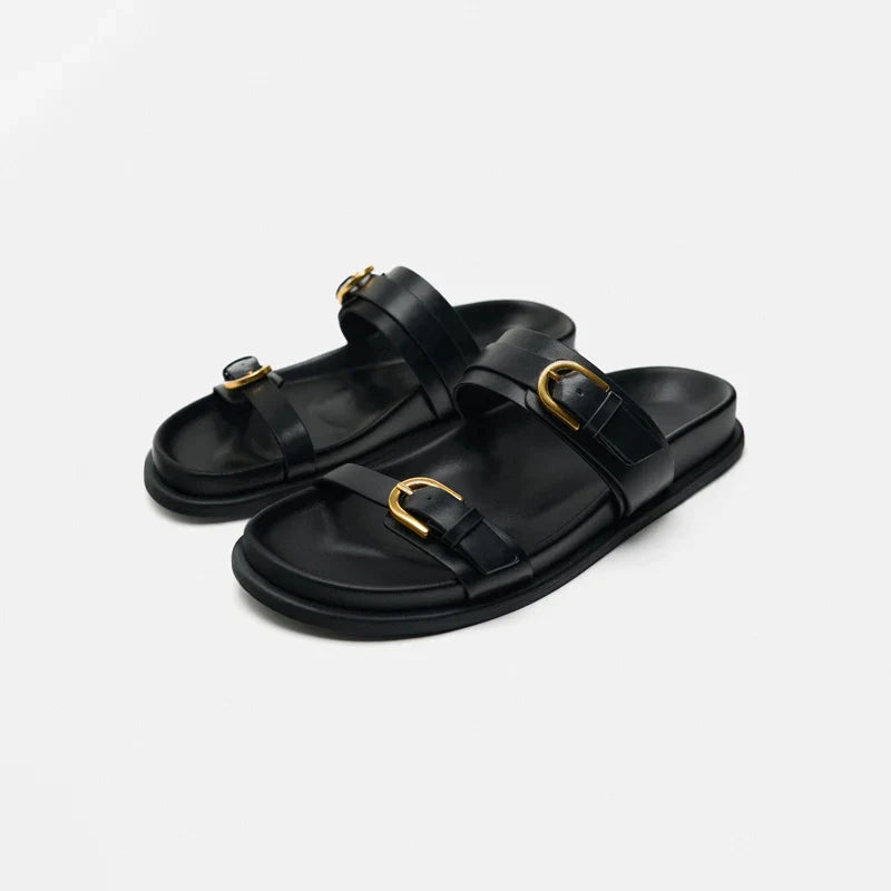 Lucia Buckle Leather Slides