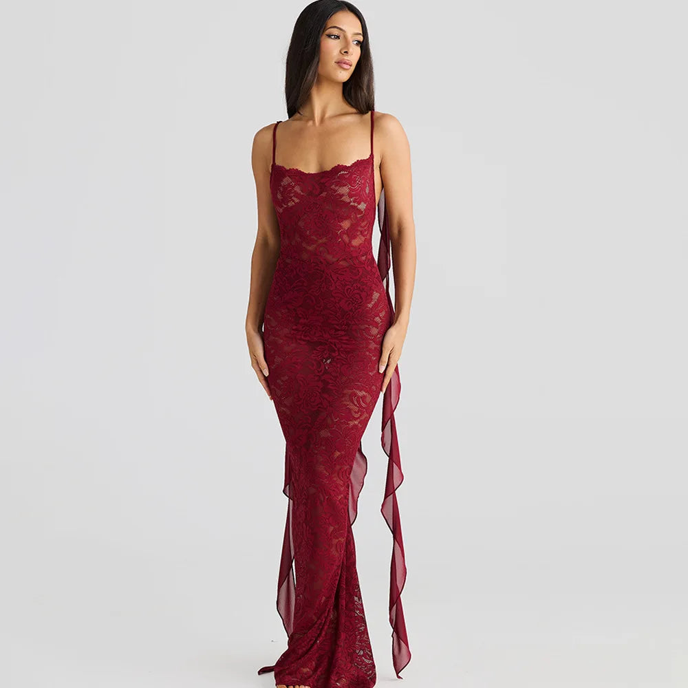 Rosette Backless Lace Mermaid Gown with Chiffon Streamers