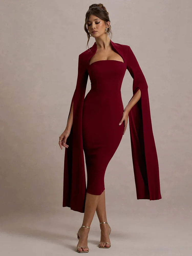 Calista Cape Strapless Sleeve Midi Dress