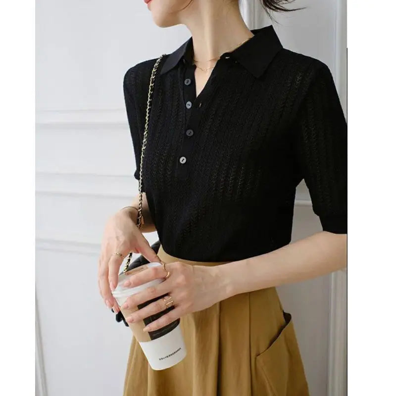 Amy Ribbed Knit Polo Blouse