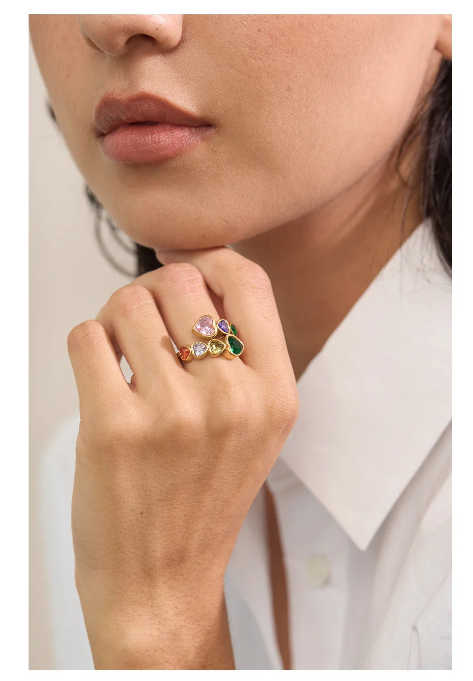 Fiorella Gold Adjustable Colorful Heart Gemstones Ring