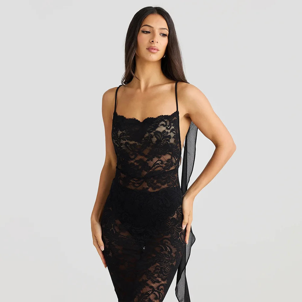 Rosette Backless Lace Mermaid Gown with Chiffon Streamers
