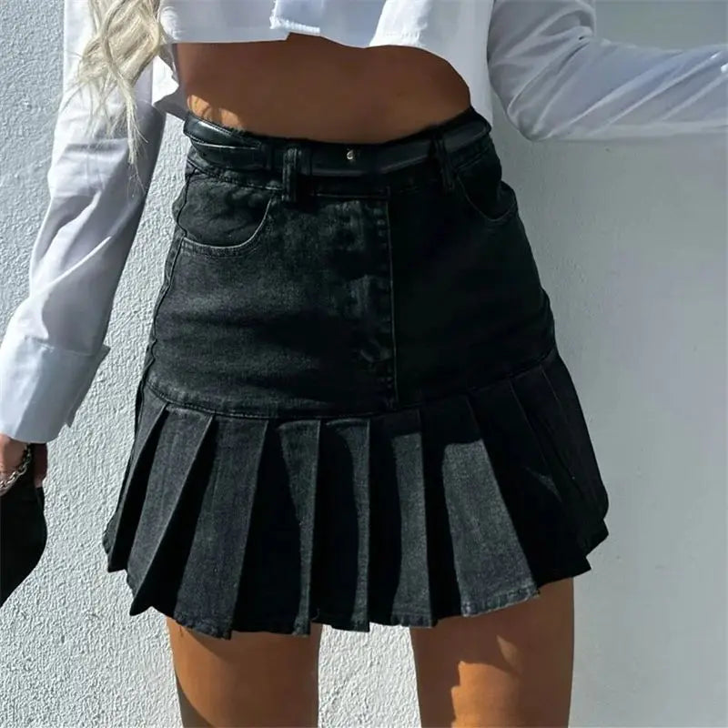 Cotton Pleated Denim Skirt