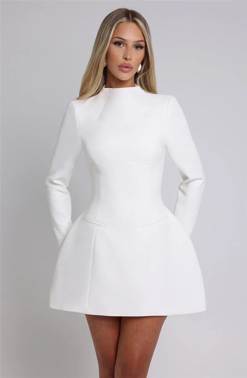 Elara White High Neck Long Sleeve Mini Dress