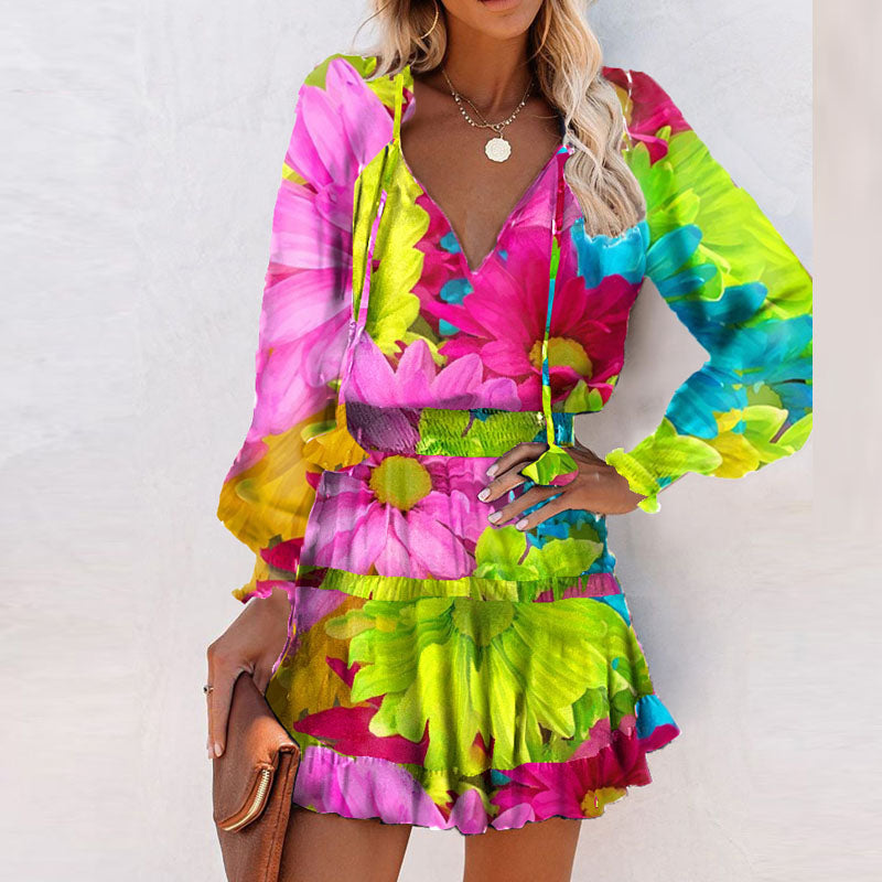 VibrantBloom - V-neck colorful floral print dress with ruffles on the bottom