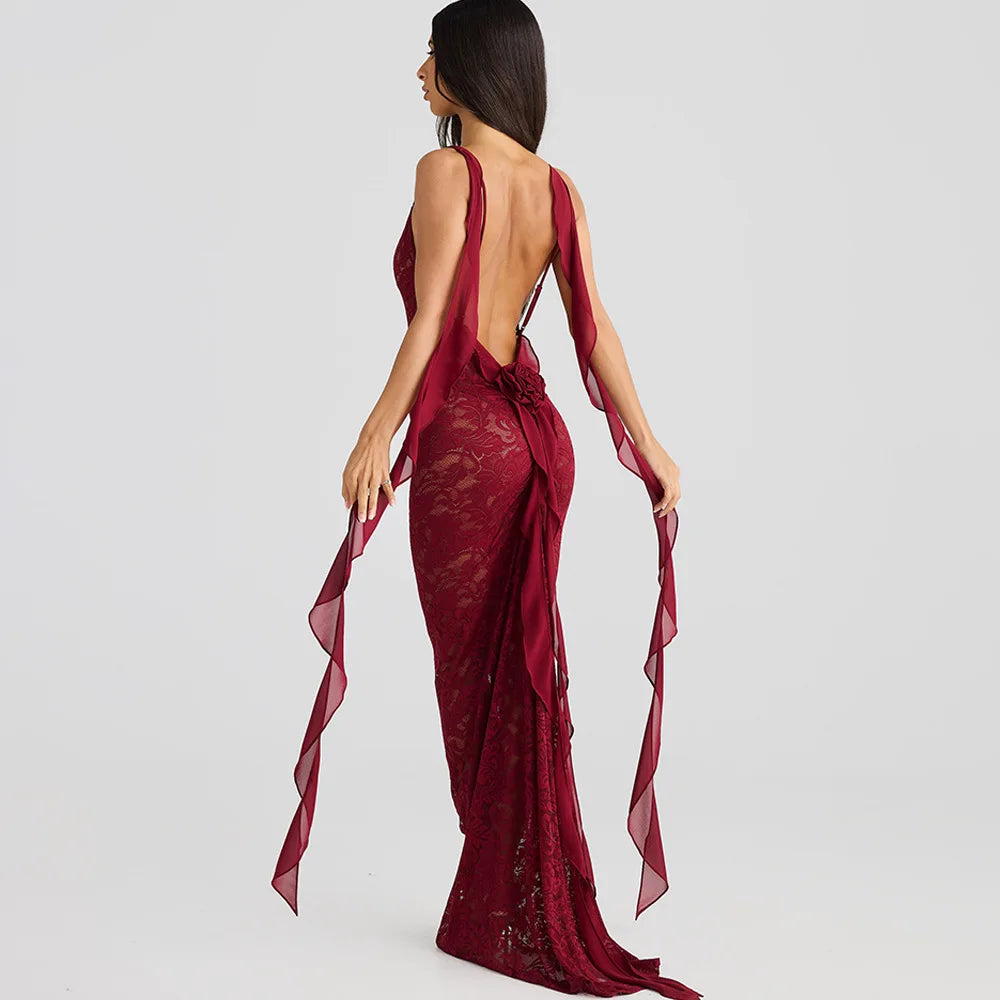 Rosette Backless Lace Mermaid Gown with Chiffon Streamers