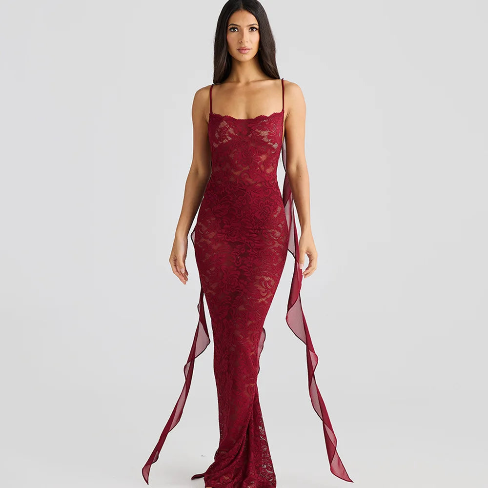 Rosette Backless Lace Mermaid Gown with Chiffon Streamers