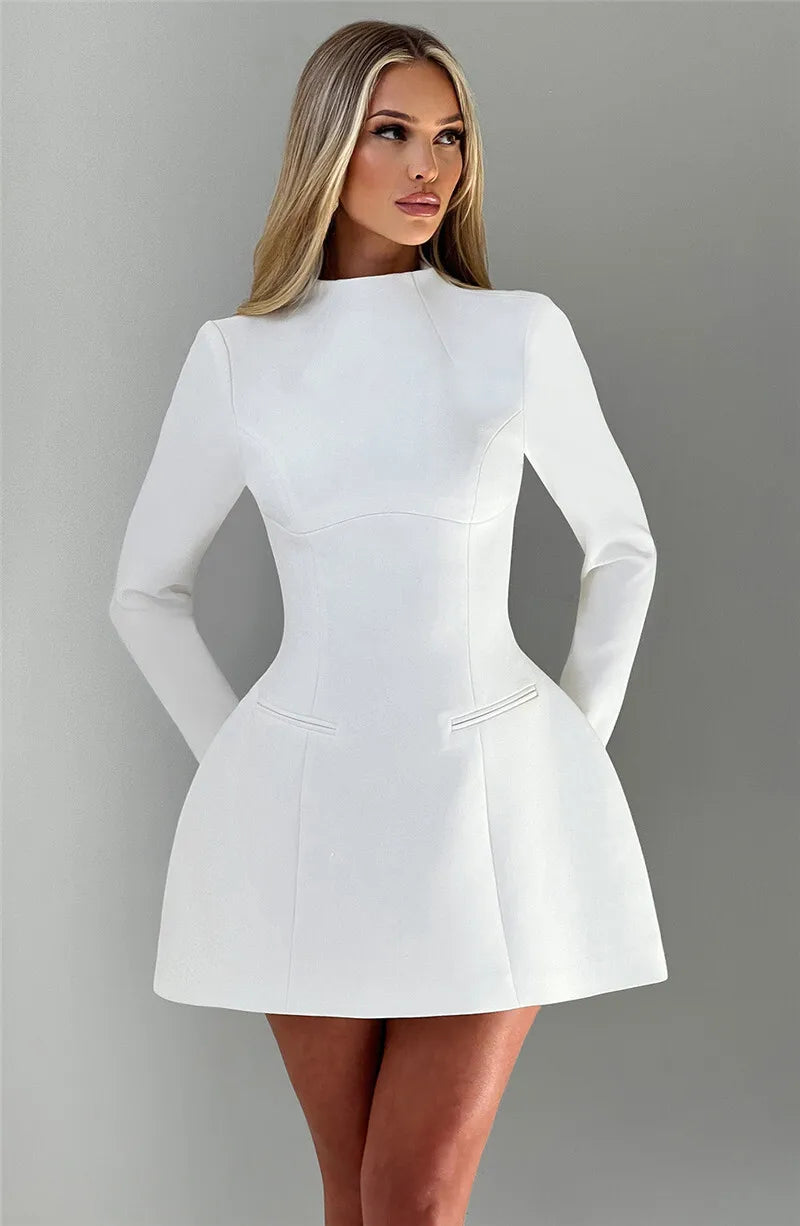 Elara White High Neck Long Sleeve Mini Dress
