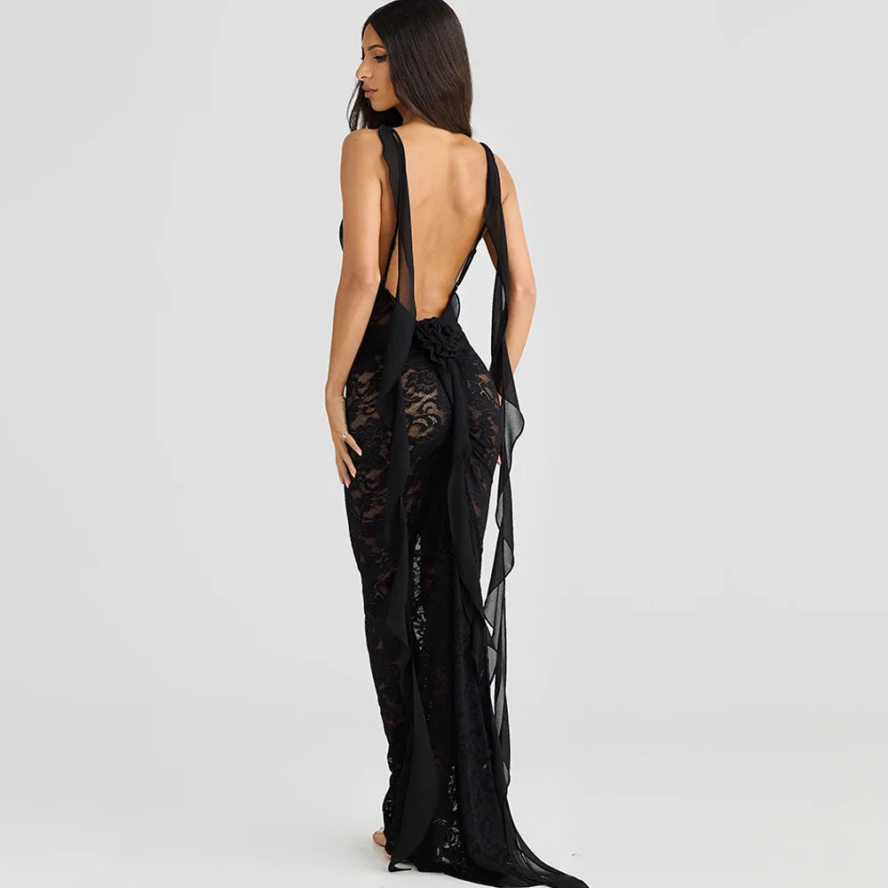 Rosette Backless Lace Mermaid Gown with Chiffon Streamers