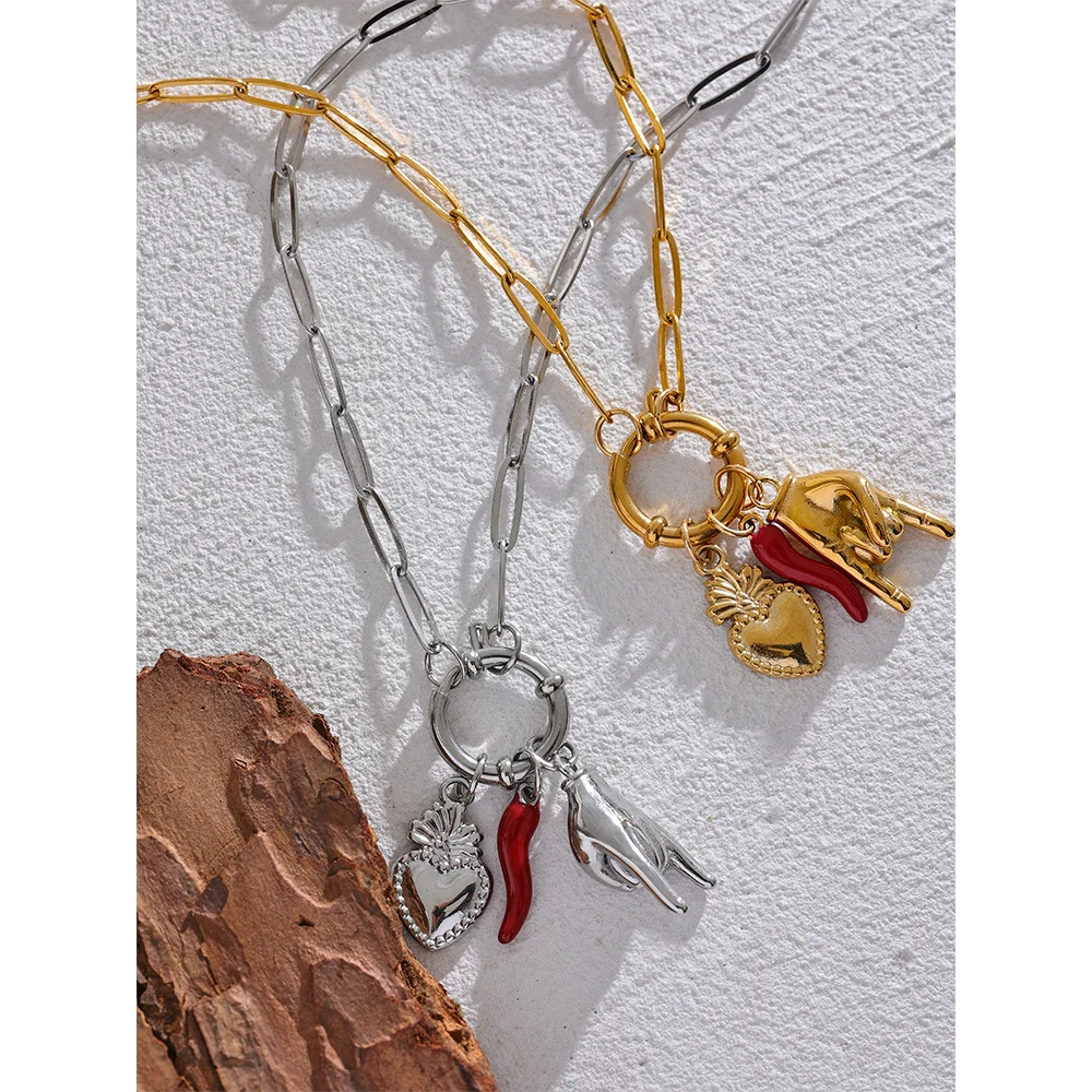 Cattiva Bold Gold Chili Hand Heart Pendant & Necklace