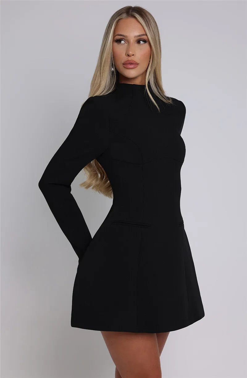 Elara White High Neck Long Sleeve Mini Dress