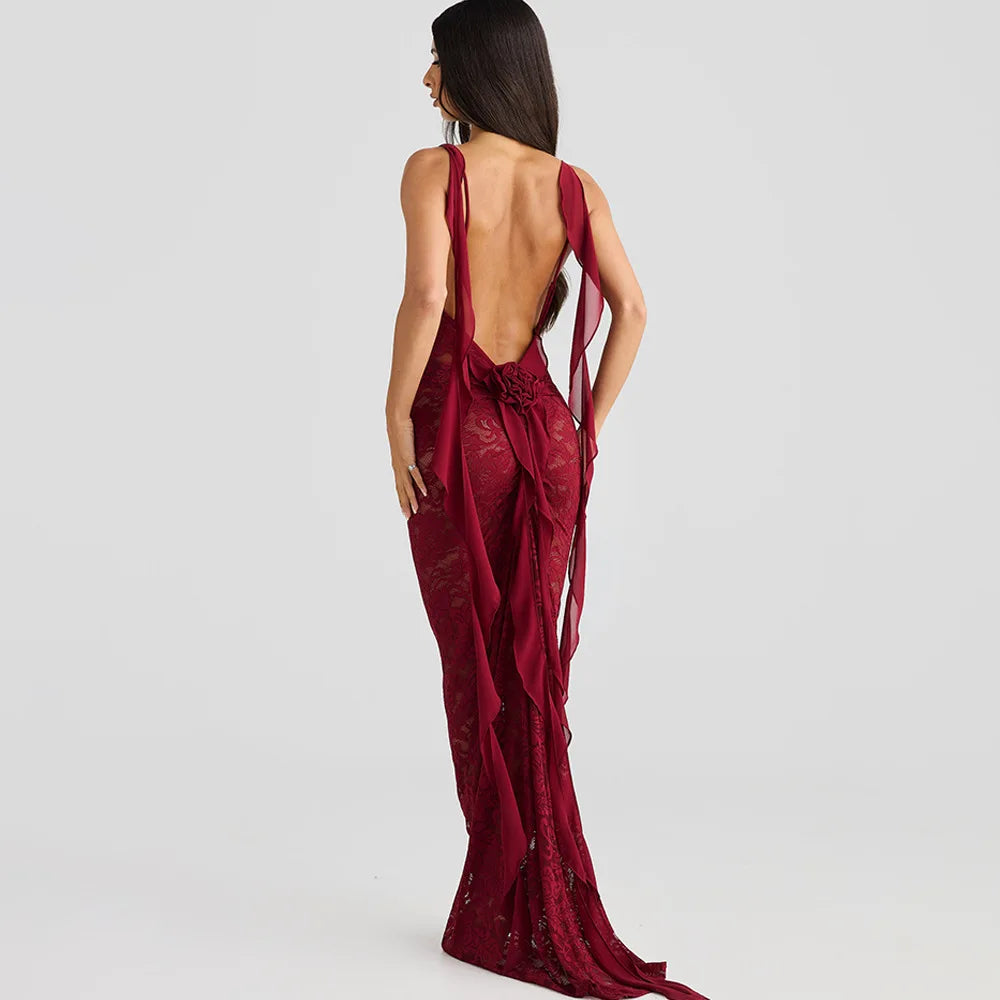 Rosette Backless Lace Mermaid Gown with Chiffon Streamers