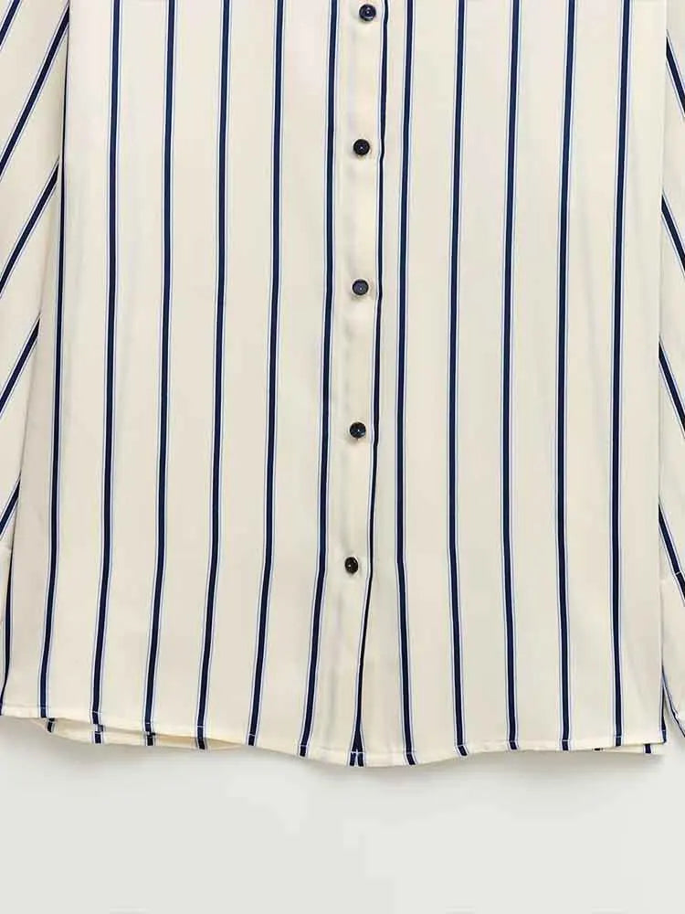 European Striped Button-Up Blouse