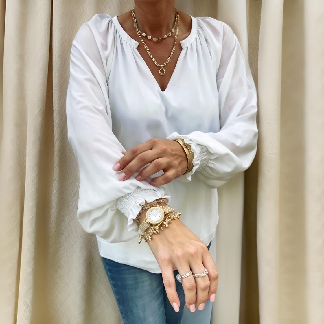Luna - Elegant puff sleeves V-neck blouse