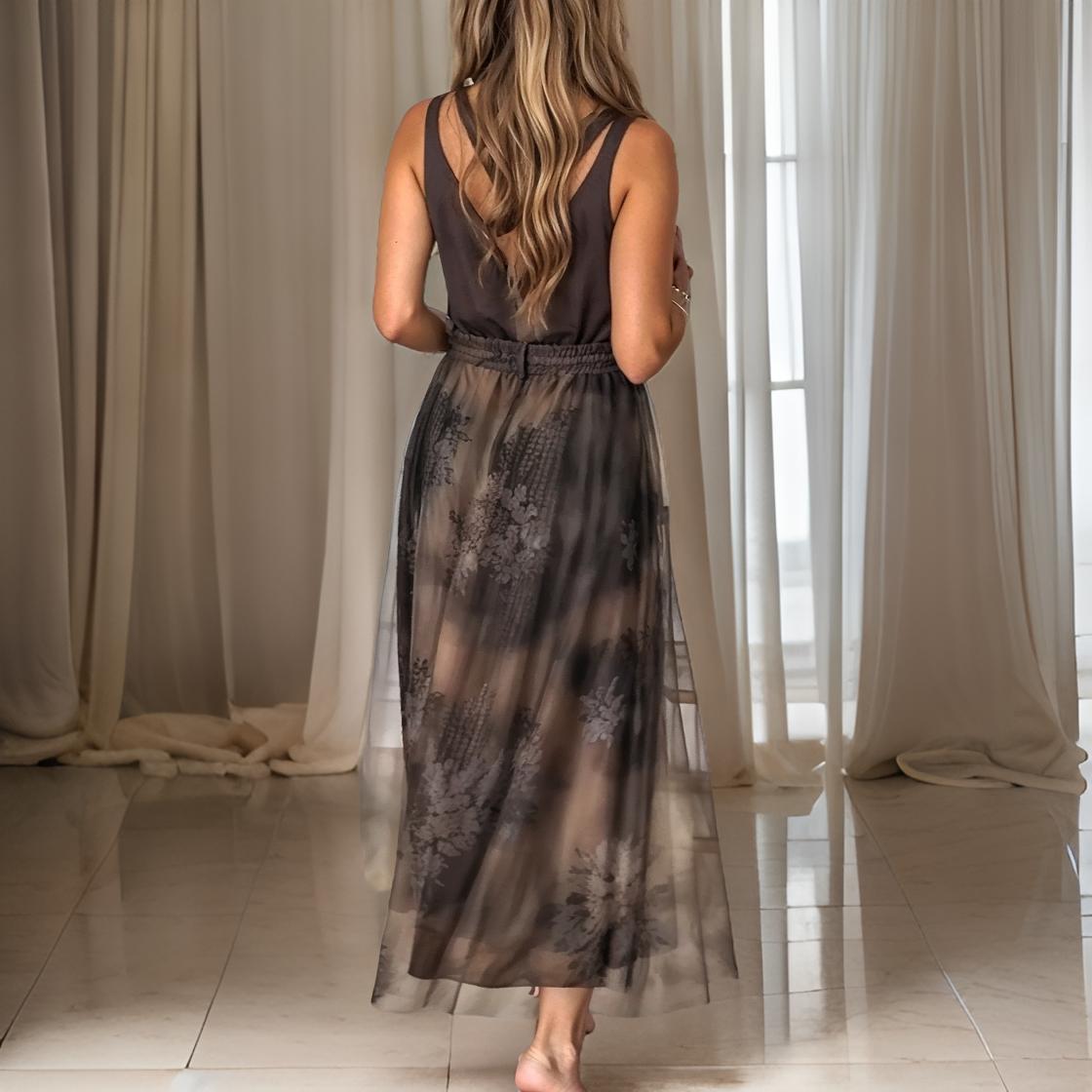 Iris – Elegant Midi Dress with Elastic Waist and Mesh Details