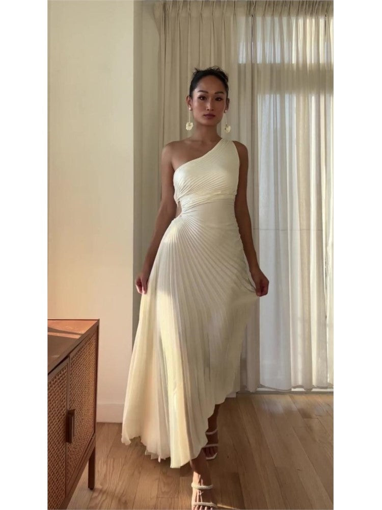 Masha - Asymmetrical Pleated Maxi Evening Dress
