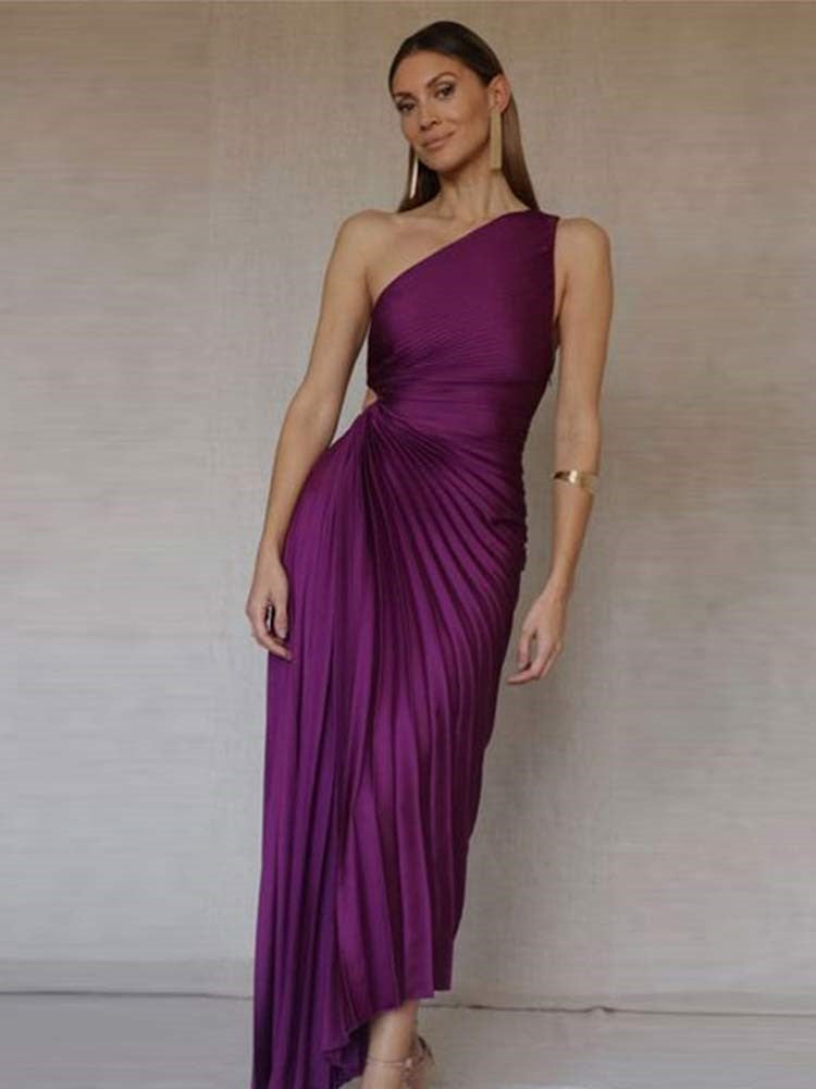 Masha - Asymmetrical Pleated Maxi Evening Dress