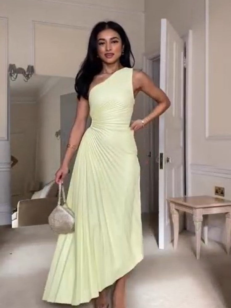Masha - Asymmetrical Pleated Maxi Evening Dress