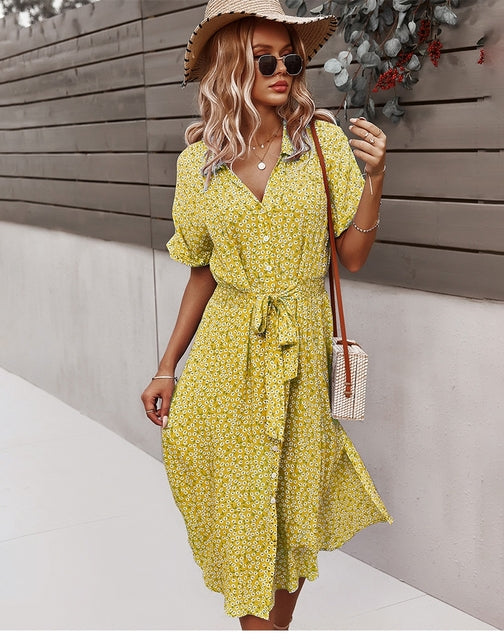 Selene Midi Dress - Elegant boho midi dress with floral pattern for women