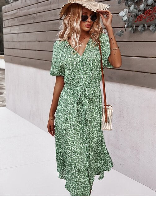 Selene Midi Dress - Elegant boho midi dress with floral pattern for women