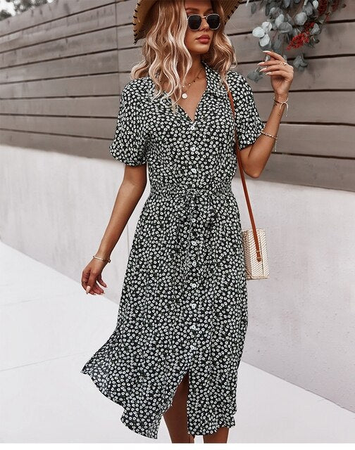 Selene Midi Dress - Elegant boho midi dress with floral pattern for women