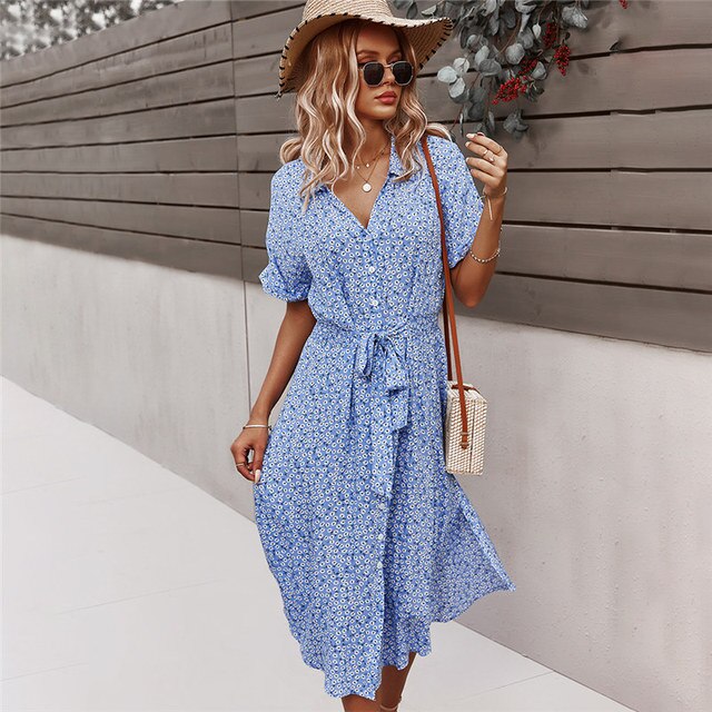 Selene Midi Dress - Elegant boho midi dress with floral pattern for women