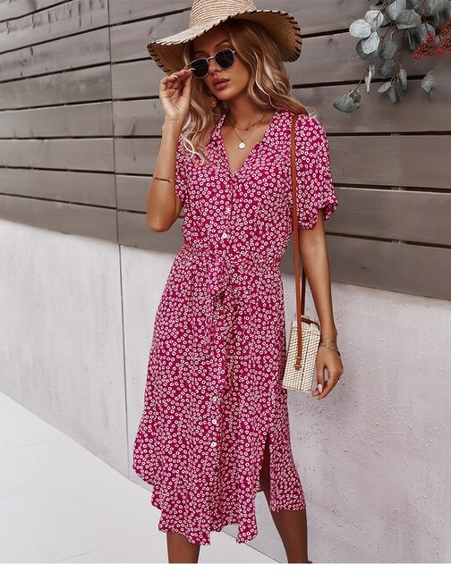 Selene Midi Dress - Elegant boho midi dress with floral pattern for women