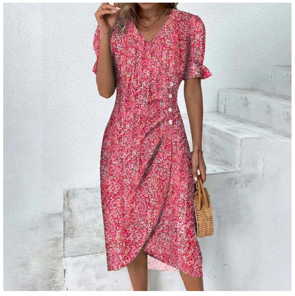 Sunflower Bloom Ring | Floral Pattern Dress with Short Sleeves