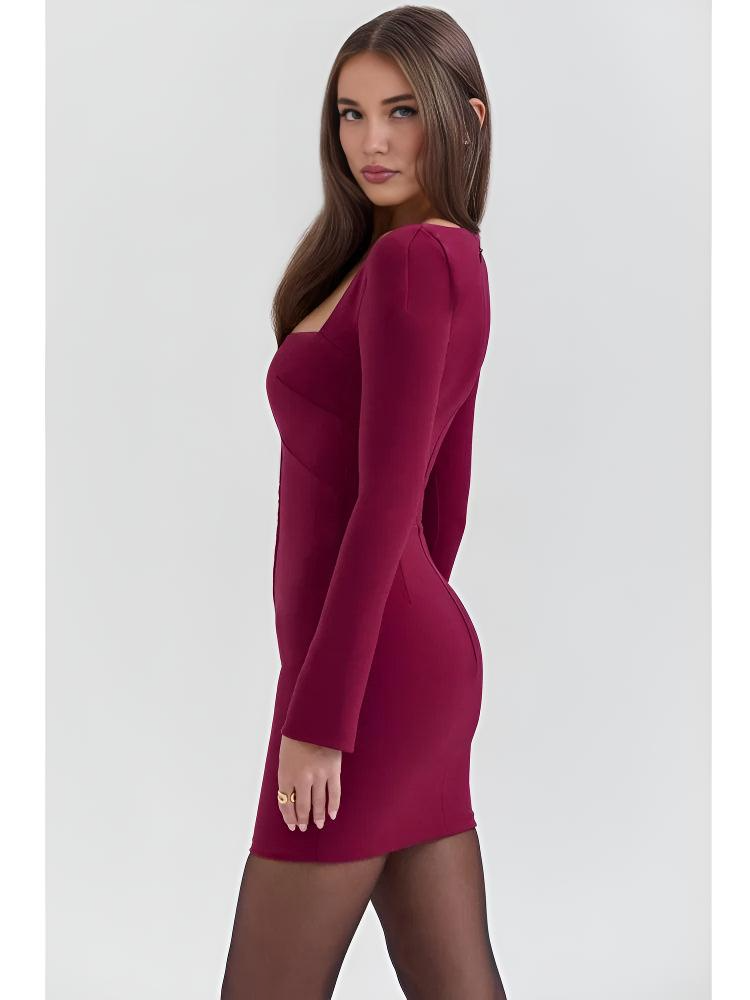 Vienna Lacceti Women's Burgundy Square Neck Button Mini Dress