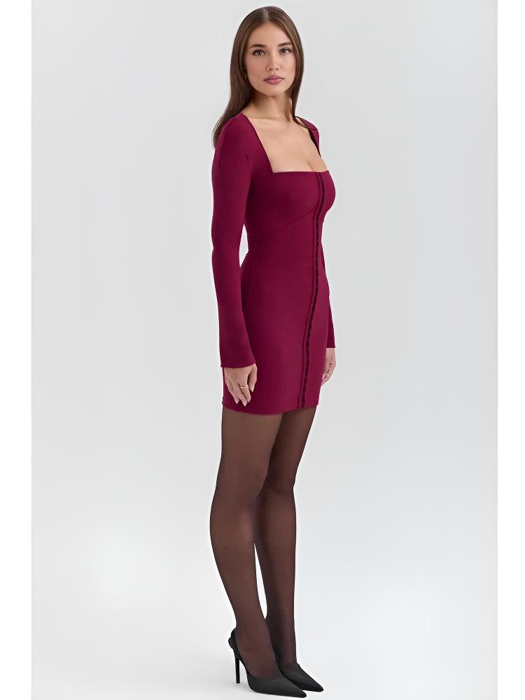 Vienna Lacceti Women's Burgundy Square Neck Button Mini Dress