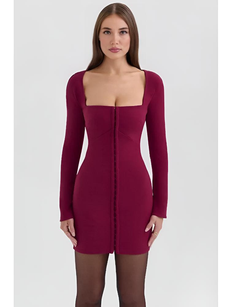 Vienna Lacceti Women's Burgundy Square Neck Button Mini Dress