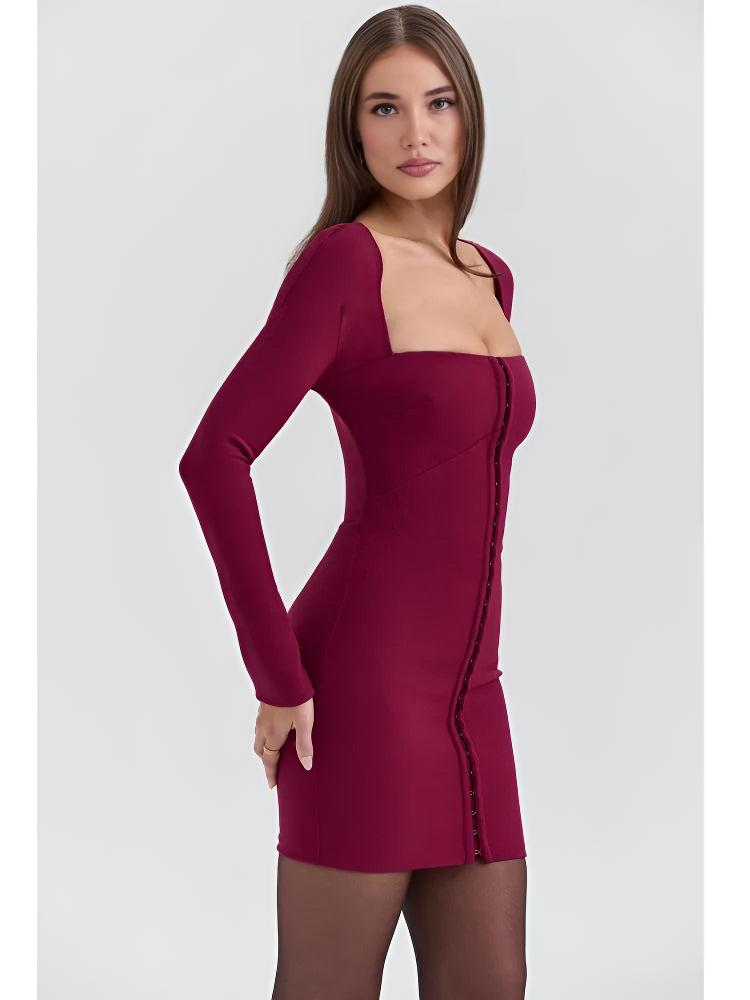 Vienna Lacceti Women's Burgundy Square Neck Button Mini Dress