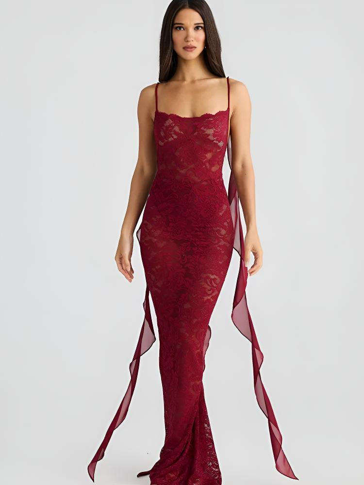 Rosette Backless Lace Mermaid Gown with Chiffon Streamers
