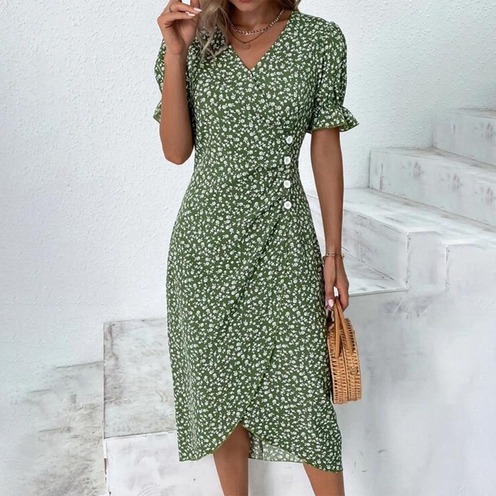 Sunflower Bloom Ring | Floral Pattern Dress with Short Sleeves