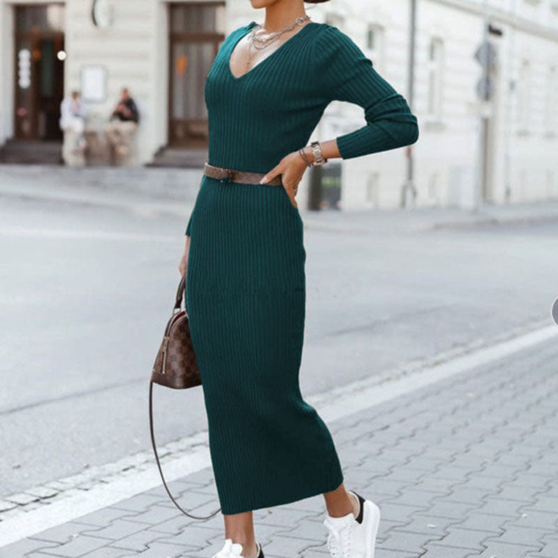 Celina - Long stretchy knitted dress with a sexy V-shaped neckline