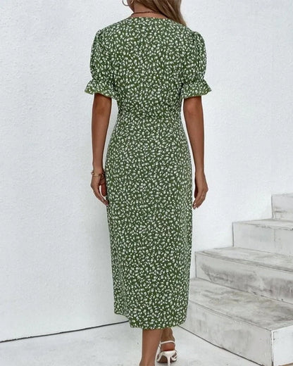 Sunflower Bloom Ring | Floral Pattern Dress with Short Sleeves