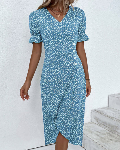 Sunflower Bloom Ring | Floral Pattern Dress with Short Sleeves