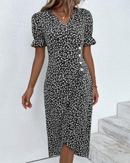 Sunflower Bloom Ring | Floral Pattern Dress with Short Sleeves