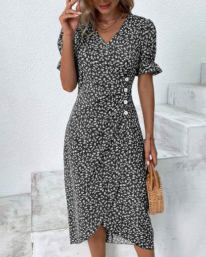 Sunflower Bloom Ring | Floral Pattern Dress with Short Sleeves