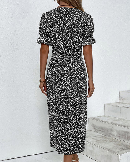 Sunflower Bloom Ring | Floral Pattern Dress with Short Sleeves